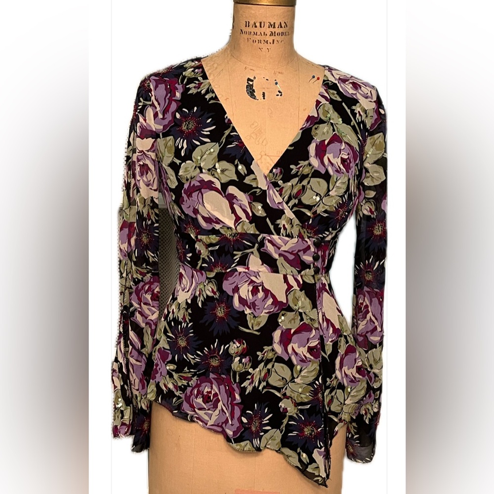 Nicole Miller Silk Floral Wrap Blouse